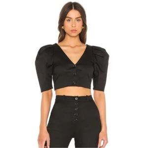 Revolve Song Of Style Loren Cropped Puff Sleeve Blouse Top Black Size Small